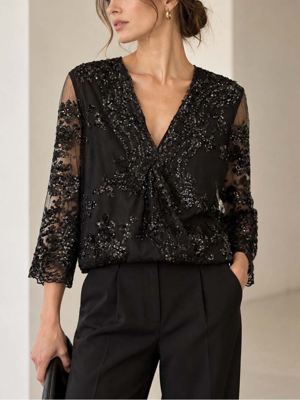 Studio F Black Sequin Embellished V-Neck Blouse